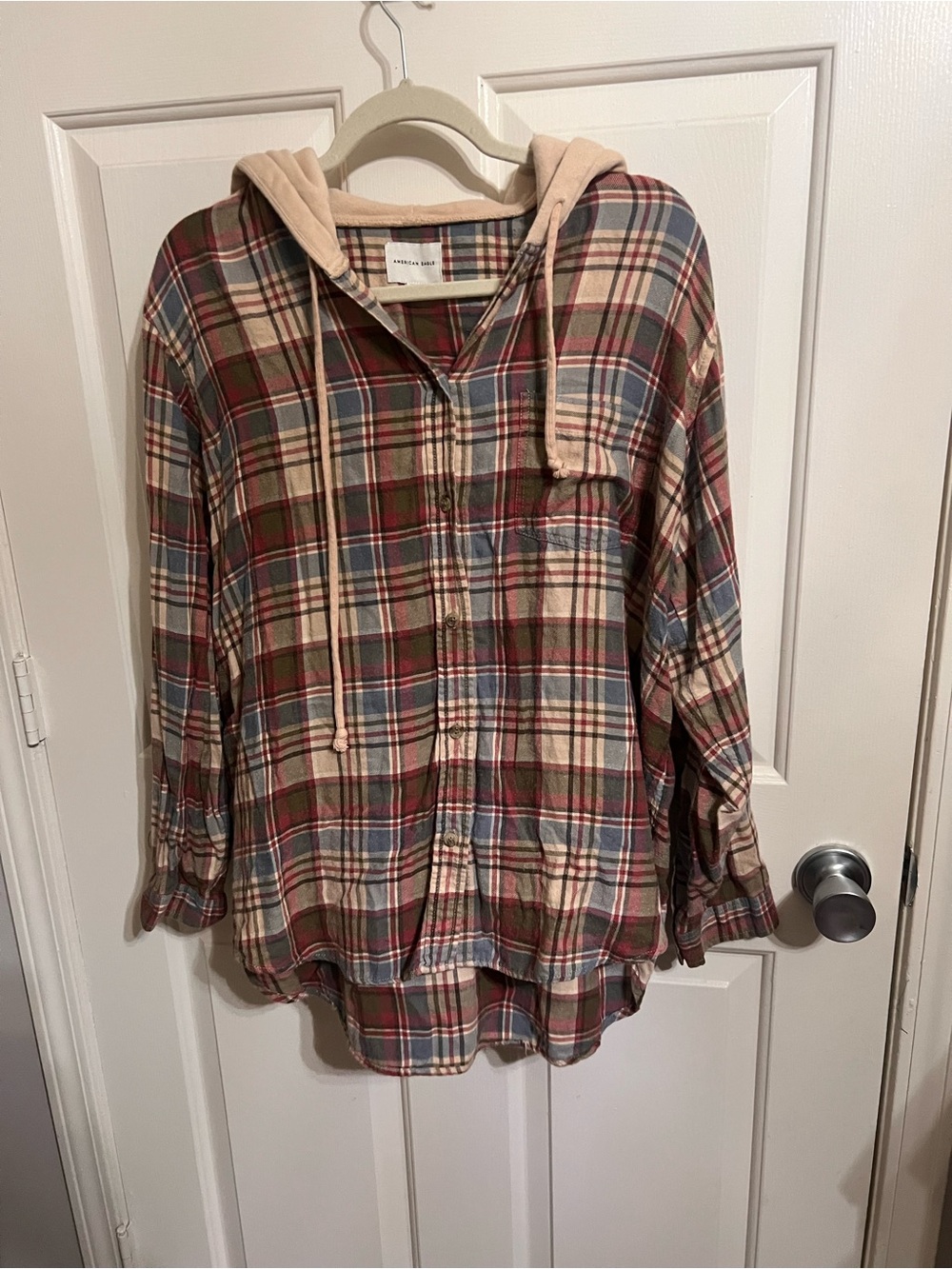 American Eagle Plaid Hooded Shirt in Red, Blue, Beige
